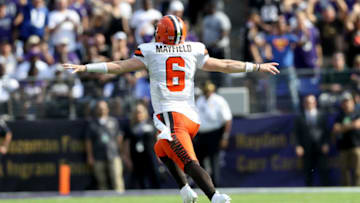 BALTIMORE, MARYLAND - SEPTEMBER 29: Baker Mayfield #6 of the Cleveland Browns celebrates as Nick Chubb #24 (not pictured) rushes for a fourth quarter touchdown against the Baltimore Ravens at M&T Bank Stadium on September 29, 2019 in Baltimore, Maryland. (Photo by Rob Carr/Getty Images)