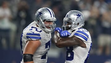 Sep 25, 2016; Arlington, TX, USA; Dallas Cowboys receiver Dez Bryant (88) celebrates his fourth quarter with center Zack Martin (70) against the Chicago Bears at AT&T Stadium. Mandatory Credit: Matthew Emmons-USA TODAY Sports