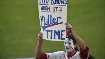 Oct 15, 2016; Cleveland, OH, USA; A fan holds a sign for Cleveland Indians relief pitcher Andrew Miller (not pictured) during the seventh inning of game two of the 2016 ALCS playoff baseball series against the Toronto Blue Jays at Progressive Field. Mandatory Credit: David Richard-USA TODAY Sports