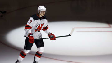 New Jersey Devils center Yegor Sharangovich (17) takes the ice to warm up before playing the Pittsburgh Penguins at PPG Paints Arena. Mandatory Credit: Charles LeClaire-USA TODAY Sports
