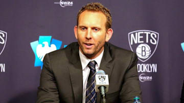 Mar 24, 2016; Brooklyn, NY, USA; Sean Marks general manager of the Brooklyn Nets talks at a press conference announcing the Long Island Nets D League team before the game against the Cleveland Cavaliers at Barclays Center. Mandatory Credit: Anthony Gruppuso-USA TODAY Sports