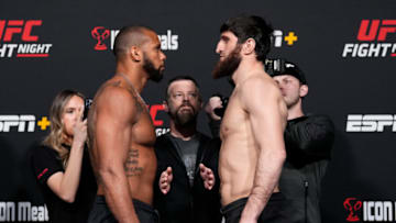LAS VEGAS, NEVADA - MARCH 11: (L-R) Opponents Thiago Santos of Brazil and Magomed Ankalaev of Russia face off during the UFC Fight Night weigh-in at UFC APEX on March 11, 2022 in Las Vegas, Nevada. (Photo by Chris Unger/Zuffa LLC)