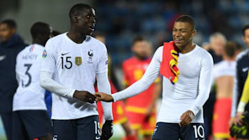 ANDORRA LA VELLA, ANDORRA - JUNE 11: Kurt Zouma and Kylian Mbappe of France shake hands at the end of the UEFA Euro 2020 Qualification match between Andorra and France at Estadi Nacional on June 11, 2019 in Andorra la Vella, Andorra. (Photo by David Ramos/Getty Images)
