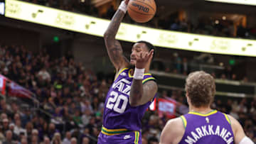 Oct 25, 2023; Salt Lake City, Utah, USA; Utah Jazz forward John Collins (20) grabs a defensive rebound during the second quarter against the Sacramento Kings at Delta Center. Mandatory Credit: Chris Nicoll-USA TODAY Sports