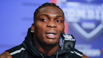 INDIANAPOLIS, IN - MAR 04: Perrion Winfrey #DL23 of the Oklahoma Sooners speaks to reporters during the NFL Draft Combine at the Indiana Convention Center on March 4, 2022 in Indianapolis, Indiana. (Photo by Michael Hickey/Getty Images)