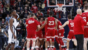 INDIANAPOLIS, IN - DECEMBER 15: Indiana Hoosiers celebrate after Rob Phinisee hit the game-winning shot against the Butler Bulldogs in the second half of the Crossroads Classic at Bankers Life Fieldhouse on December 15, 2018 in Indianapolis, Indiana. Indiana won 71-68. (Photo by Joe Robbins/Getty Images)