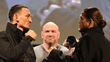 TORONTO, CANADA - DECEMBER 05: (L-R) Opponents Max Holloway and Brian Ortega face off during the UFC 231 Press Conference at the Winter Garden Theatre on December 5, 2018 in Toronto, Ontario, Canada. (Photo by Josh Hedges/Zuffa LLC/Zuffa LLC via Getty Images)