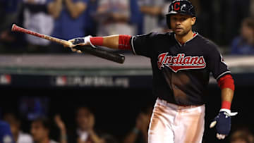 CLEVELAND, OH - NOVEMBER 02: Coco Crisp #4 of the Cleveland Indians celebrates after scoring a run on an RBI single hit by Carlos Santana #41 (not pictured) during the third inning against the Chicago Cubs in Game Seven of the 2016 World Series at Progressive Field on November 2, 2016 in Cleveland, Ohio. (Photo by Elsa/Getty Images)