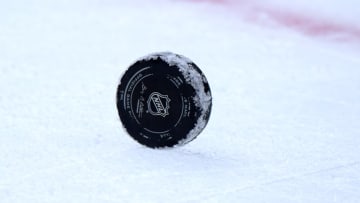 Feb 12, 2015; Los Angeles, CA, USA; NHL puck on the ice during the game between the Calgary Flames and Los Angeles Kings at Staples Center. Mandatory Credit: Kirby Lee-USA TODAY Sports