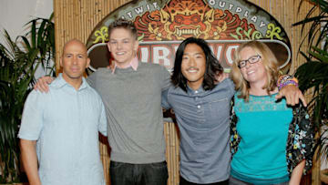 STUDIO CITY, CA - MAY 21: (L-R) "Survivor: Cagayan" winner Tony Vlachos, Spencer Bledsoe, runner-up Yung "Woo" Hwang and Kassandra "Kass" McQuillen attend CBS's "Survivor 28" Season Finale at CBS Studios - Radford on May 21, 2014 in Studio City, California. (Photo by Mike Windle/Getty Images)