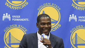 Jul 7, 2016; Oakland, CA, USA; Kevin Durant addresses the media in a press conference after signing with the Golden State Warriors at the Warriors Practice Facility. Mandatory Credit: Kyle Terada-USA TODAY Sports