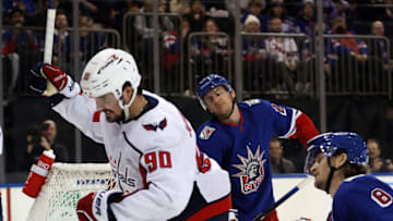 NEW YORK, NEW YORK - DECEMBER 27: Marcus Johansson #90 of the Washington Capitals scores during the 1st period of the game against the New York Rangers at Madison Square Garden on December 27, 2022 in New York City. (Photo by Jamie Squire/Getty Images)