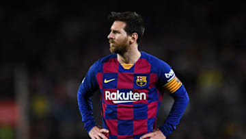 BARCELONA, SPAIN - FEBRUARY 02: Lionel Messi of FC Barcelona looks on during the Liga match between FC Barcelona and Levante UD at Camp Nou on February 02, 2020 in Barcelona, Spain. (Photo by David Ramos/Getty Images)