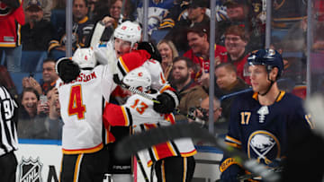 BUFFALO, NY - OCTOBER 30: Matthew Tkachuk #19 of the Calgary Flames celebrates his third period goal against the Buffalo Sabres during an NHL game on October 30, 2018 at KeyBank Center in Buffalo, New York. Calgary won, 2-1, in overtime. (Photo by Bill Wippert/NHLI via Getty Images)