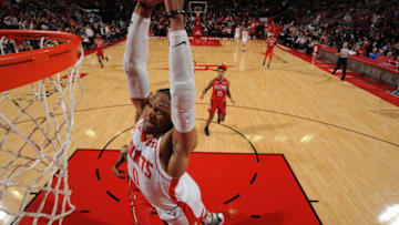 HOUSTON, TX - OCTOBER 26: Russell Westbrook #0 of the Houston Rockets dunks the ball against the New Orleans Pelicans on October 26, 2019 at the Toyota Center in Houston, Texas. NOTE TO USER: User expressly acknowledges and agrees that, by downloading and or using this photograph, User is consenting to the terms and conditions of the Getty Images License Agreement. Mandatory Copyright Notice: Copyright 2019 NBAE (Photo by Bill Baptist/NBAE via Getty Images)