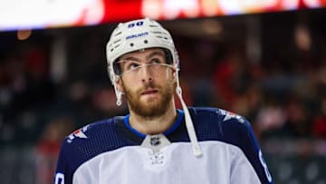 Oct 8, 2021; Calgary, Alberta, CAN; Winnipeg Jets center Pierre-Luc Dubois (80) skates against the Calgary Flames during the third period at Scotiabank Saddledome. Mandatory Credit: Sergei Belski-USA TODAY Sports