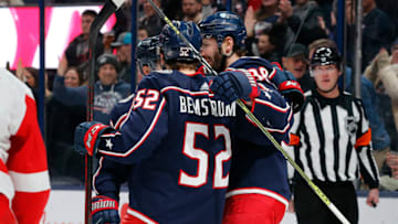 Nov 19, 2022; Columbus, Ohio, USA; Columbus Blue Jackets center Emil Bemstrom (52) celebrates after scoring a goal against the Detroit Red Wings during the second period at Nationwide Arena. Mandatory Credit: Russell LaBounty-USA TODAY Sports