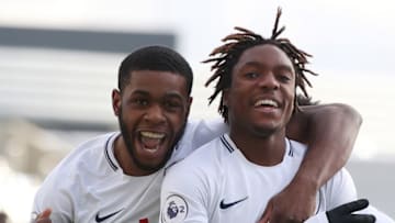 MANCHESTER, ENGLAND - NOVEMBER 25: Kazaiah Sterling (R) of Tottenham Hotspur celebrates scoring the second goal with Japhet Tanganga during the Premier League 2 match at The Academy Stadium on November 25, 2017 in Manchester, England. (Photo by Lynne Cameron/Getty Images)