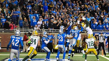 Dec 3, 2015; Detroit, MI, USA; Green Bay Packers tight end Richard Rodgers (82) catches a game winning touchdown pass from quarterback Aaron Rodgers (not pictured) during the fourth quarter against the Detroit Lions at Ford Field. Green Bay won 27-23. Mandatory Credit: Tim Fuller-USA TODAY Sports