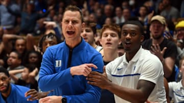 Duke basketball head coach Jon Scheyer and forward Dariq Whitehead (Rob Kinnan-USA TODAY Sports)