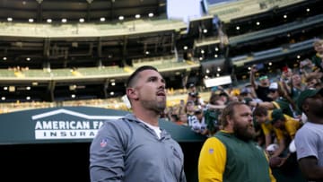 Aug 5, 2022; Green Bay, WI, USA; Green Bay Packers head coach Matt LaFleur (left) looks on at Lambeau Field. Mandatory Credit: Samantha Madar/Green Bay Press Gazette -USA TODAY NETWORK