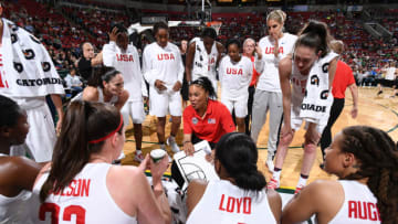 SEATTLE, WA - APRIL 26: Dawn Staley of the USA Women's National Team talks to the team before the game against China during an exhibition game on April 26, 2018 at the KeyArena in Seattle, Washington. NOTE TO USER: User expressly acknowledges and agrees that, by downloading and/or using this Photograph, user is consenting to the terms and conditions of the Getty Images License Agreement. Mandatory Copyright Notice: Copyright 2018 NBAE (Photo by Garrett Ellwood/NBAE via Getty Images)
