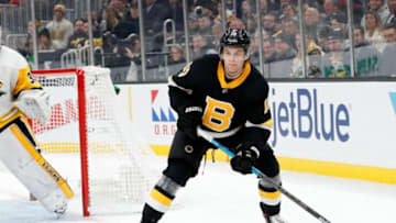 BOSTON, MA - JANUARY 16: Boston Bruins right wing Anders Bjork (10) looks for a pass down low during a game between the Boston Bruins and the Pittsburgh Penguins on January 16, 2020 at TD Garden in Boston, Massachusetts. (Photo by Fred Kfoury III/Icon Sportswire via Getty Images)