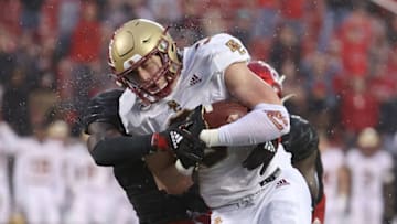 LOUISVILLE, KENTUCKY - OCTOBER 23: Trae Barry #3 of the Boston College Eagles runs with the ball against the Louisville Cardinals against the at Cardinal Stadium on October 23, 2021 in Louisville, Kentucky. (Photo by Andy Lyons/Getty Images)