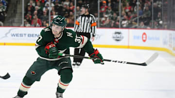 ST. PAUL, MN - JANUARY 20: Minnesota Wild Left Wing Kyle Rau (37) skates up ice during a NHL game between the Minnesota Wild and Tampa Bay Lightning on January 20, 2018 at Xcel Energy Center in St. Paul, MN. The Wild defeated the Lightning 5-2.(Photo by Nick Wosika/Icon Sportswire via Getty Images)