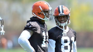 May 18, 2016; Berea, OH, USA; Cleveland Browns wide receiver Terrelle Pryor (11) and wide receiver Rashard Higgins (81) talk during official training activities at the Cleveland Browns training facility. Mandatory Credit: Ken Blaze-USA TODAY Sports