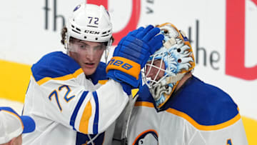 Dec 19, 2022; Las Vegas, Nevada, USA; Buffalo Sabres center Tage Thompson (72) congratulates goaltender Ukko-Pekka Luukkonen (1) after the Sabres defeated the Vegas Golden Knights at T-Mobile Arena. Mandatory Credit: Stephen R. Sylvanie-USA TODAY Sports