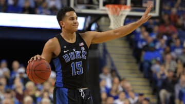 GREENSBORO, NC - DECEMBER 21: Frank Jackson #15 of the Duke Blue Devils calls a play against the Elon Phoenix at the Greensboro Coliseum on December 21, 2016 in Greensboro, North Carolina. Duke won 72-61. (Photo by Lance King/Getty Images)