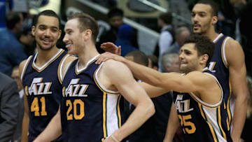 Gordon Hayward, Trey Lyles, Raul Neto, Utah Jazz. (Photo by Tom Pennington/Getty Images)