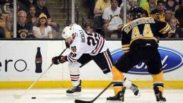 Jun 24, 2013; Boston, MA, USA; Chicago Blackhawks left wing Bryan Bickell (29) skates past Boston Bruins defenseman Dennis Seidenberg (44) during the second period in game six of the 2013 Stanley Cup Final at TD Garden. Mandatory Credit: Michael Ivins-USA TODAY Sports