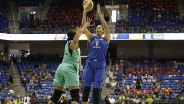 ARLINGTON, TX - JULY 17: Elizabeth Cambage #8 of the Dallas Wings shoots the ball against the New York Liberty on July 17, 2018 at College Park Center in Arlington, Texas. NOTE TO USER: User expressly acknowledges and agrees that, by downloading and/or using this photograph, user is consenting to the terms and conditions of the Getty Images License Agreement. Mandatory Copyright Notice: Copyright 2018 NBAE (Photos by Tim Heitman/NBAE via Getty Images)