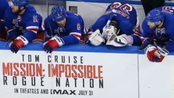 May 29, 2015; New York, NY, USA; New York Rangers goalie Henrik Lundqvist (30) reacts on the bench with teammates Tanner Glass (15) , Kevin Klein (8) and Dan Girardi (5) as the Rangers play with an empty net against the Tampa Bay Lightning during the third period in game seven of the Eastern Conference Final of the 2015 Stanley Cup Playoffs at Madison Square Garden. Mandatory Credit: Adam Hunger-USA TODAY Sports