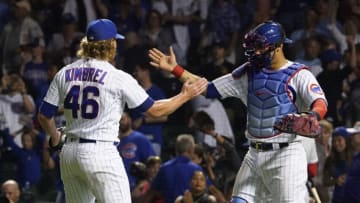 Jul 7, 2021; Chicago, Illinois, USA; Chicago Cubs relief pitcher Craig Kimbrel (46) and catcher Willson Contreras (40) celebrate their win against the Philadelphia Phillies at Wrigley Field. Mandatory Credit: David Banks-USA TODAY Sports