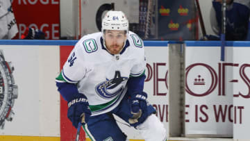 TORONTO, ON - FEBRUARY 6: Tyler Motte #64 of the Vancouver Canucks skates with the puck against the Toronto Maple Leafs during an NHL game at Scotiabank Arena on February 6, 2021 in Toronto, Ontario, Canada. The Maple Leafs defeated the Canucks 5-1. (Photo by Claus Andersen/Getty Images) ** Local Caption *** Tyler Motte