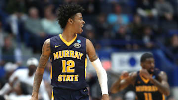 HARTFORD, CONNECTICUT - MARCH 21: Ja Morant #12 of the Murray State Racers celebrates after making an assist during the second half of the first round game of the 2019 NCAA Men's Basketball Tournament against the Marquette Golden Eagles at XL Center on March 21, 2019 in Hartford, Connecticut. Murray State defeated Marquette 83-64. (Photo by Rob Carr/Getty Images)