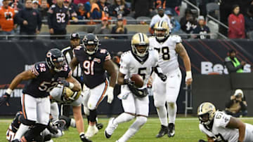 CHICAGO, ILLINOIS - OCTOBER 20: Teddy Bridgewater #5 of the New Orleans Saints runs against the Chicago Bears at Soldier Field on October 20, 2019 in Chicago, Illinois. (Photo by David Banks/Getty Images)