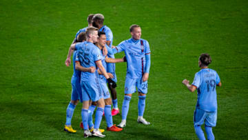 NEW YORK, NY - OCTOBER 24: Tony Rocha #15 of New York City FC celebrates with his teammates after scoring a goal in the second half of the Major League Soccer match to put New York up 3 goals against Montreal Impact at Yankee Stadium on October 24, 2020 in the Bronx borough of New York City. (Photo by Ira L. Black - Corbis/Getty Images)