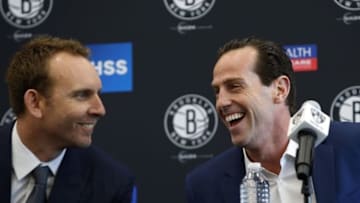 May 16, 2016; Brooklyn, NY, USA; Brooklyn Nets general manager Sean Marks introduces new head coach Kenny Atkinson at HSS Training Center. Mandatory Credit: Noah K. Murray-USA TODAY Sports