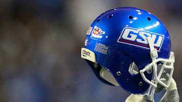 ATLANTA - SEPTEMBER 02: Austen Wiley #45 of the Georgia State Panthers holds up his helmet during a kickoff to the Shorter Hawks at Georgia Dome on September 2, 2010 in Atlanta, Georgia. (Photo by Kevin C. Cox/Getty Images)