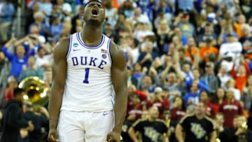 COLUMBIA, SOUTH CAROLINA - MARCH 24: Zion Williamson #1 of the Duke Blue Devils celebrates with his teammates after defeating the UCF Knights in the second round game of the 2019 NCAA Men's Basketball Tournament at Colonial Life Arena on March 24, 2019 in Columbia, South Carolina. (Photo by Kevin C. Cox/Getty Images)