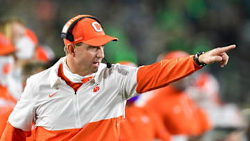 SOUTH BEND, INDIANA - NOVEMBER 07: Head coach Dabo Swinney of the Clemson Tigers signals to his players in the second quarter against the Notre Dame Fighting Irish at Notre Dame Stadium on November 7, 2020 in South Bend, Indiana. (Photo by Matt Cashore-Pool/Getty Images)