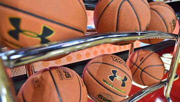 LAS VEGAS, NV - MARCH 11: Basketballs are shown in a ball rack before the championship game of the Western Athletic Conference Basketball tournament between the New Mexico State Aggies and the Cal State Bakersfield Roadrunners at the Orleans Arena on March 11, 2017 in Las Vegas, Nevada. (Photo by Sam Wasson/Getty Images)