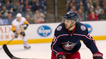 COLUMBUS, OH - SEPTEMBER 28: Columbus Blue Jackets right wing Oliver Bjorkstrand (28) skates the ice in a game between the Columbus Blue Jackets and the Pittsburgh Penguins on September 28, 2018 at Nationwide Arena in Columbus, OH. The Blue Jackets won 7-6. (Photo by Adam Lacy/Icon Sportswire via Getty Images)