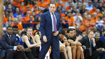 SYRACUSE, NY - FEBRUARY 23: Head coach Mike Krzyzewski of the Duke Blue Devils reacts to a play against the Syracuse Orange during the first half at the Carrier Dome on February 23, 2019 in Syracuse, New York. (Photo by Rich Barnes/Getty Images)