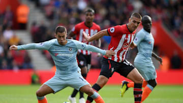 SOUTHAMPTON, ENGLAND - OCTOBER 07: Eden Hazard of Chelsea battles for possession with Oriol Romeu of Southampton during the Premier League match between Southampton FC and Chelsea FC at St Mary's Stadium on October 7, 2018 in Southampton, United Kingdom. (Photo by Mike Hewitt/Getty Images)