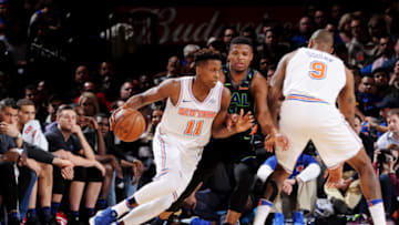 NEW YORK, NY - MARCH 13: Frank Ntilikina #11 of the New York Knicks handles the ball during the game against the Dallas Mavericks on March 13, 2018 at Madison Square Garden in New York City, New York. NOTE TO USER: User expressly acknowledges and agrees that, by downloading and or using this photograph, User is consenting to the terms and conditions of the Getty Images License Agreement. Mandatory Copyright Notice: Copyright 2018 NBAE (Photo by Matteo Marchi/NBAE via Getty Images)